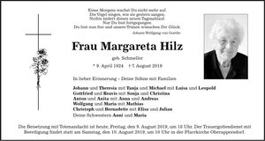Traueranzeige Margareta Hilz