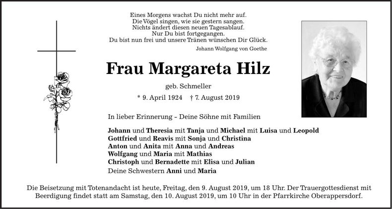 Traueranzeige Margareta Hilz