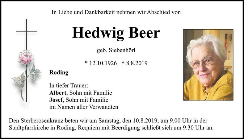 Traueranzeige Hedwig Beer