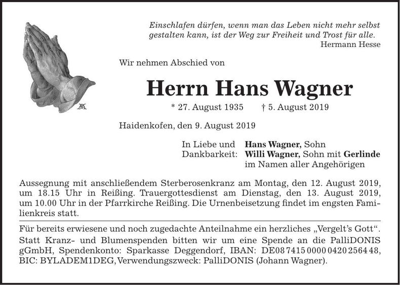 Traueranzeige Hans Wager