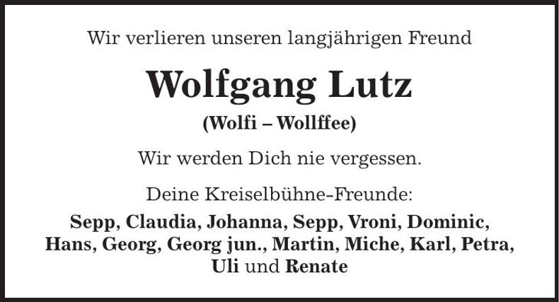 Traueranzeige Wolfgang Lutz