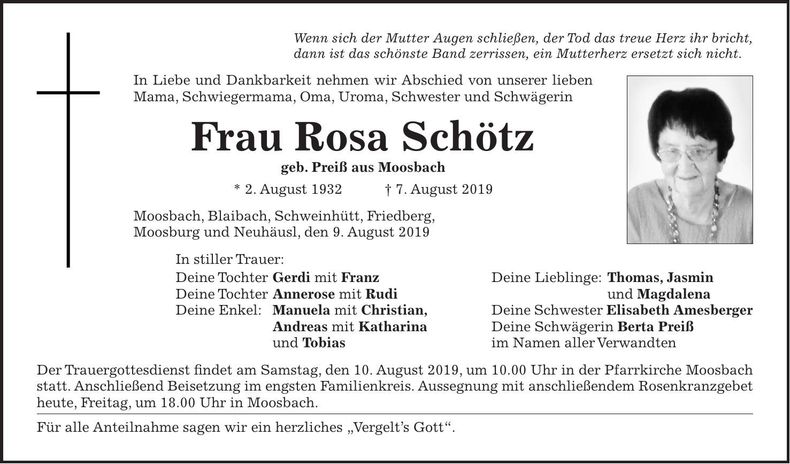 Traueranzeige Rosa Schötz