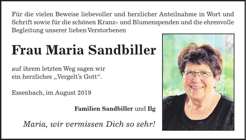 Traueranzeige Maria Sandbiller
