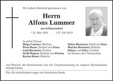 Traueranzeige Lummer Alfons