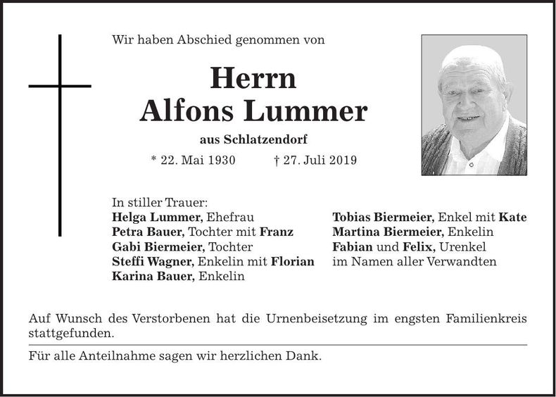 Traueranzeige Lummer Alfons
