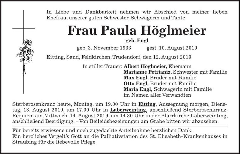 Traueranzeige Paula Höglmeier