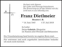 Traueranzeige Franz Dietlmeier