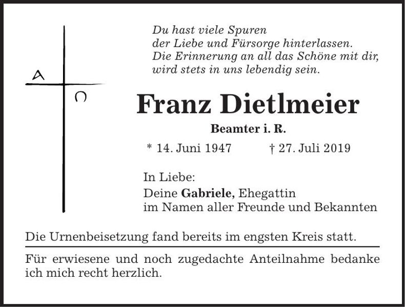 Traueranzeige Franz Dietlmeier
