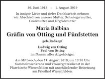 Traueranzeige Maria Balbina Gräfin von Otting und Fünfstetten