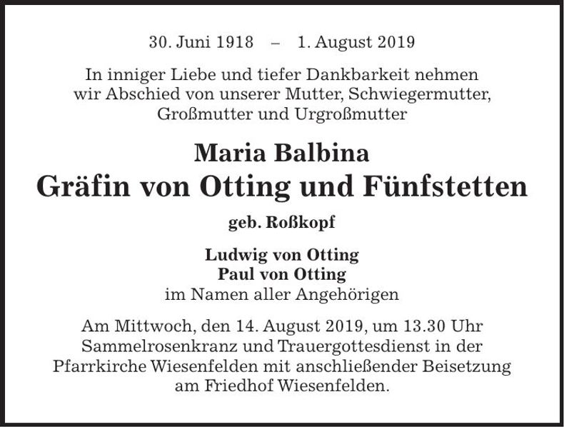 Traueranzeige Maria Balbina Gräfin von Otting und Fünfstetten