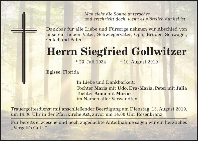 Traueranzeige Siegfried Gollwitzer
