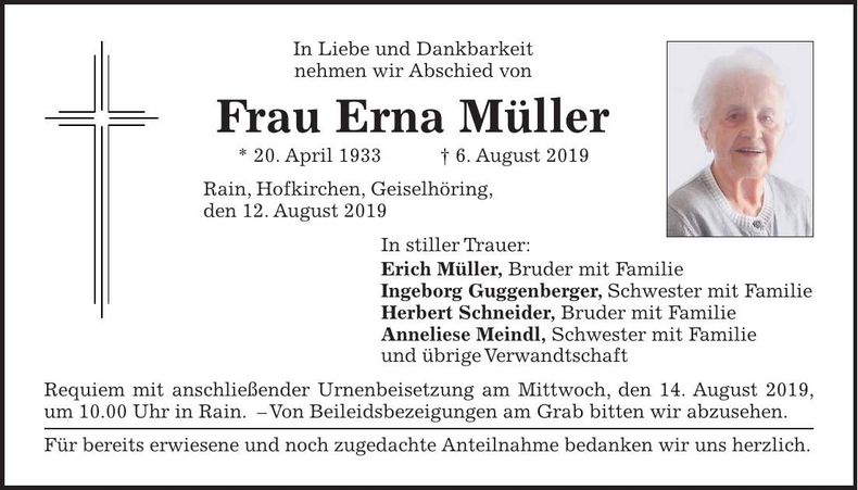 Traueranzeige Erna Müller