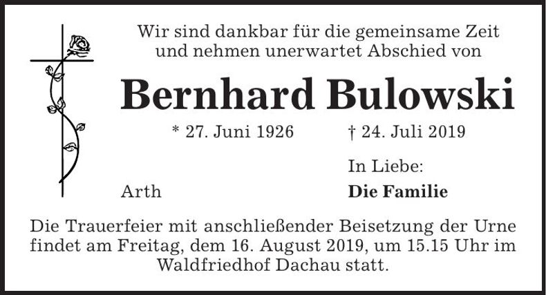 Traueranzeige Bernhard Bulowski