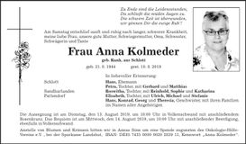 Traueranzeige Anna Kolmeder