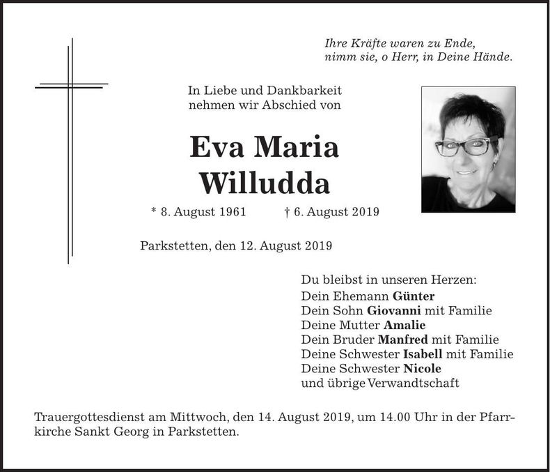 Traueranzeige Eva Maria Willudda