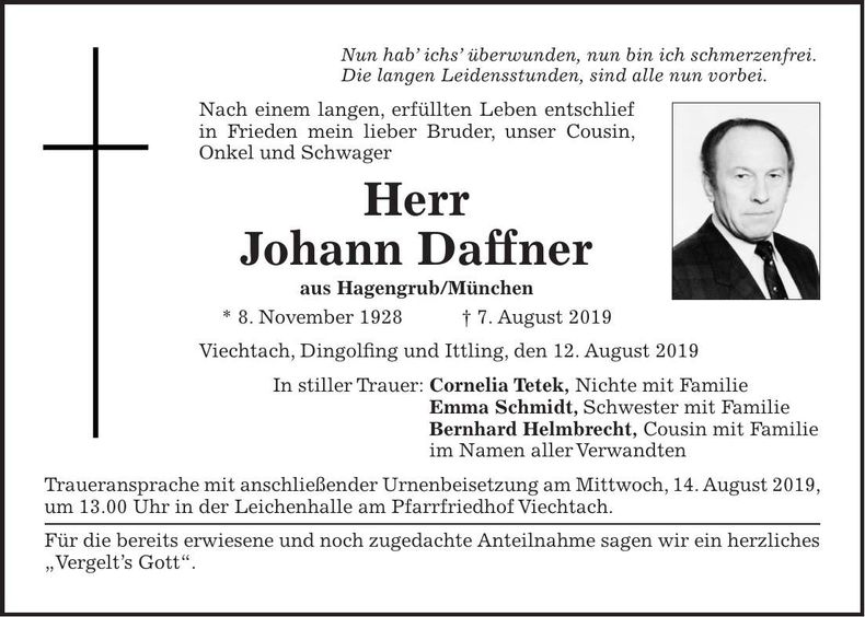 Traueranzeige Johann Daffner