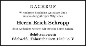 Traueranzeige Erich Schropp