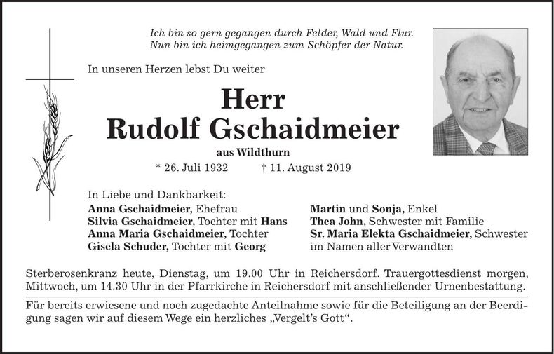 Traueranzeige Rudolf Gschaidmeier