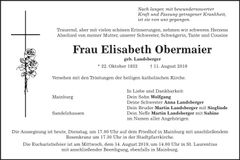 Traueranzeige Elisabeth Obermaier