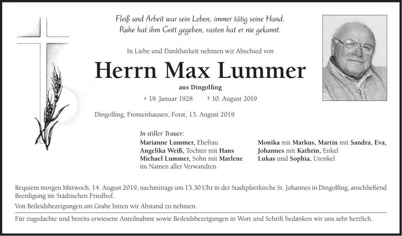 Traueranzeige Max Lummer