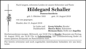 Traueranzeige Hildegard Schaller
