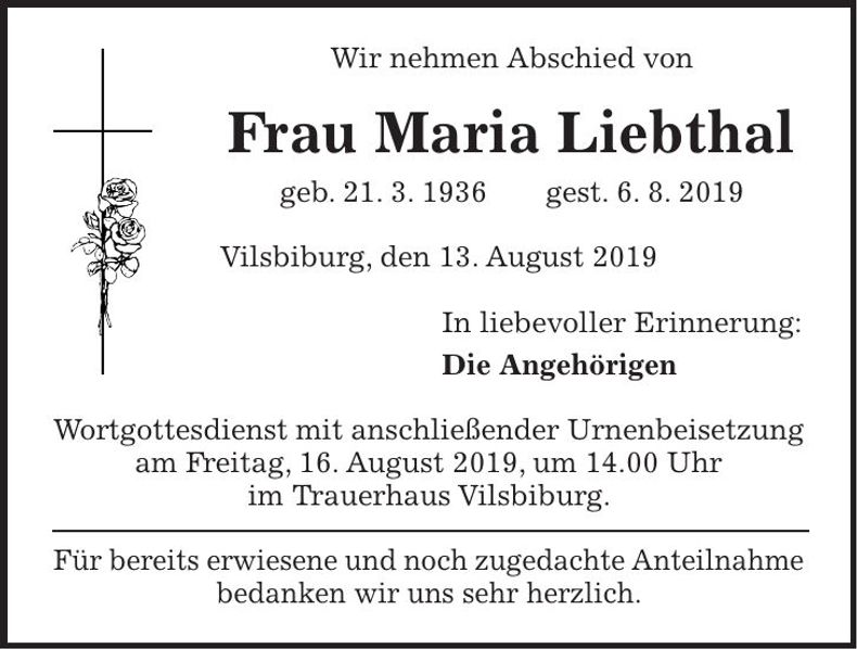 Traueranzeige Maria Liebthal