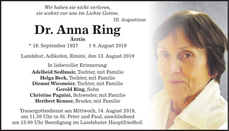 Traueranzeige Anna Ring