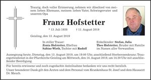 Traueranzeige Franz Hofstetter