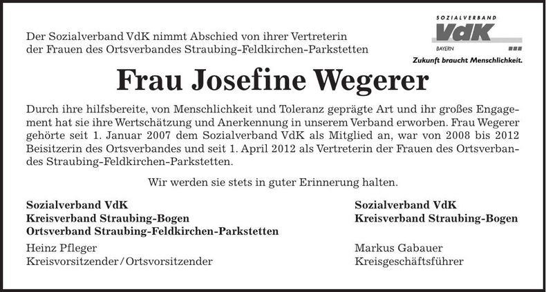 Traueranzeige Josefine Wegerer