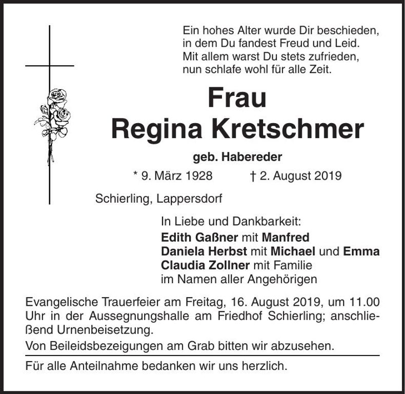 Traueranzeige Regina Kretschmer
