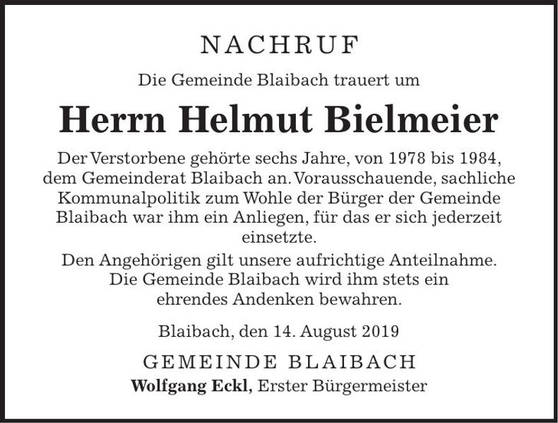 Traueranzeige Helmut Bielmeier