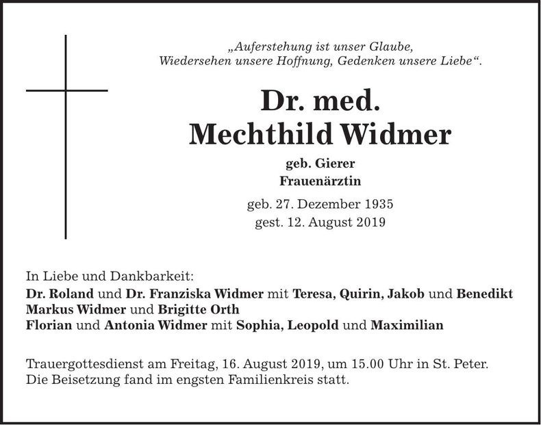 Traueranzeige Mechthild Widmer