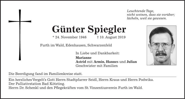 Traueranzeige Günter Spiegler