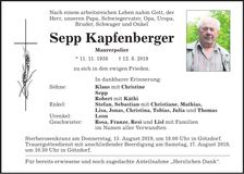Traueranzeige Sepp Kapfenberger