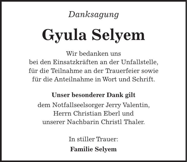 Traueranzeige Gyula Selyem
