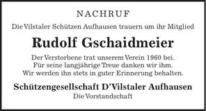 Traueranzeige Rudolf Gschaidmeier