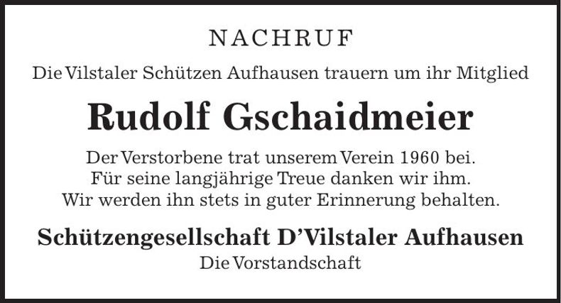 Traueranzeige Rudolf Gschaidmeier