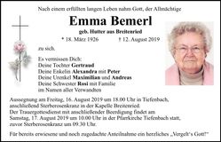 Traueranzeige Emma Bemerl