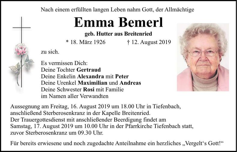 Traueranzeige Emma Bemerl