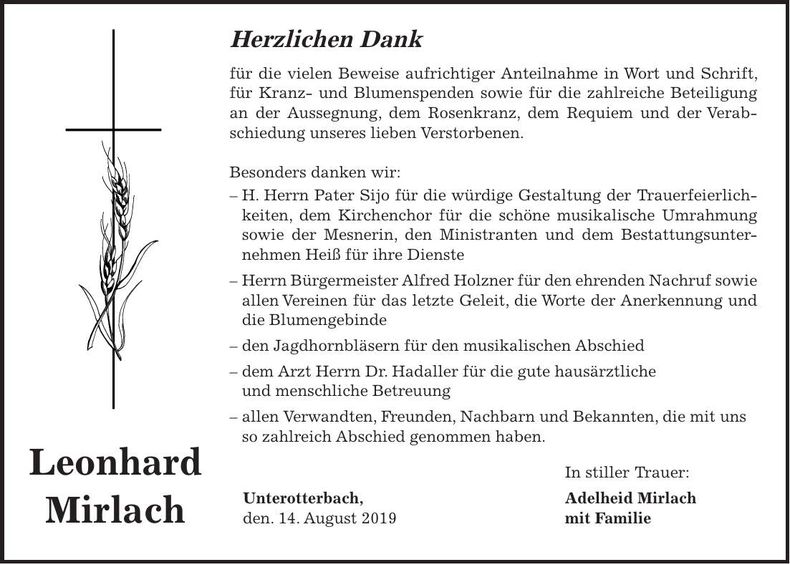 Traueranzeige Leonhard Mirlach