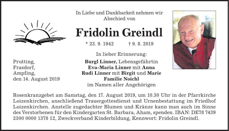 Traueranzeige Fridolin Greindl