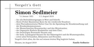 Traueranzeige Simon Sedlmeier