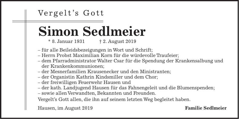 Traueranzeige Simon Sedlmeier