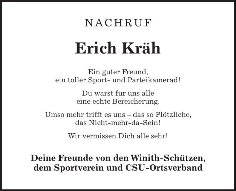 Traueranzeige Erich Kräh