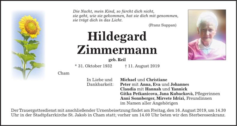 Traueranzeige Hildegard Zimmermann
