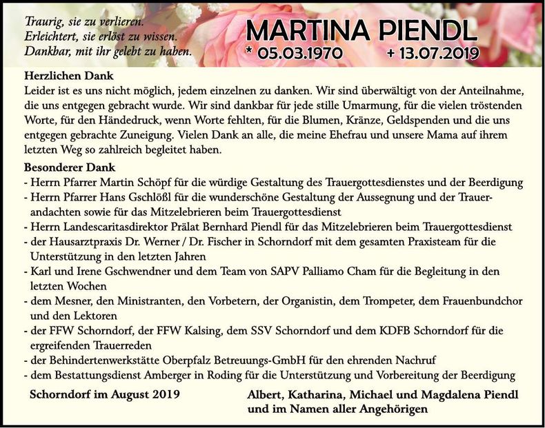 Traueranzeige Martina Piendl