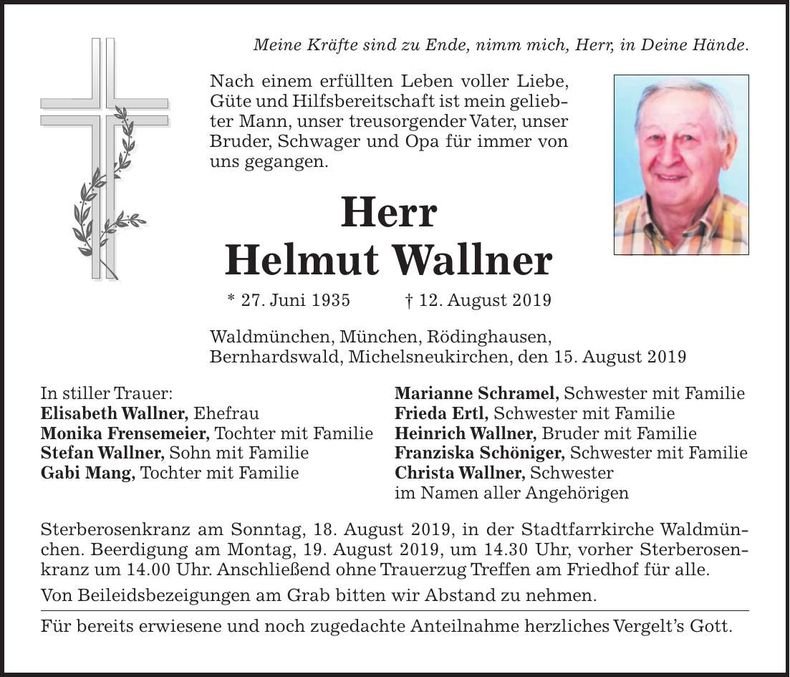 Traueranzeige Helmut Wallner