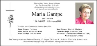Traueranzeige Maria Gampe