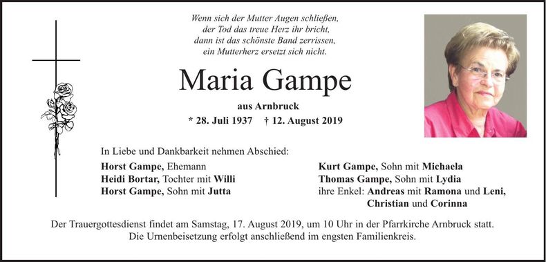 Traueranzeige Maria Gampe