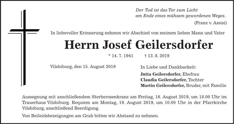 Traueranzeige Josef Geildersdorfer